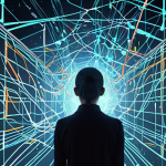 **Prompt 1:** A person, looking initially overwhelmed, surrounded by abstract, chaotic, and dry data points and numbers. On the other side of a subtle divide, the same data transforms into vibrant, interconnected, flowing narratives and clear, insightful projections, subtly enhanced by glowing AI elements. The overall scene depicts a shift from data complexity to meaningful clarity in a modern, professional office setting. Digital art, high detail, volumetric lighting, conceptual, transformation.