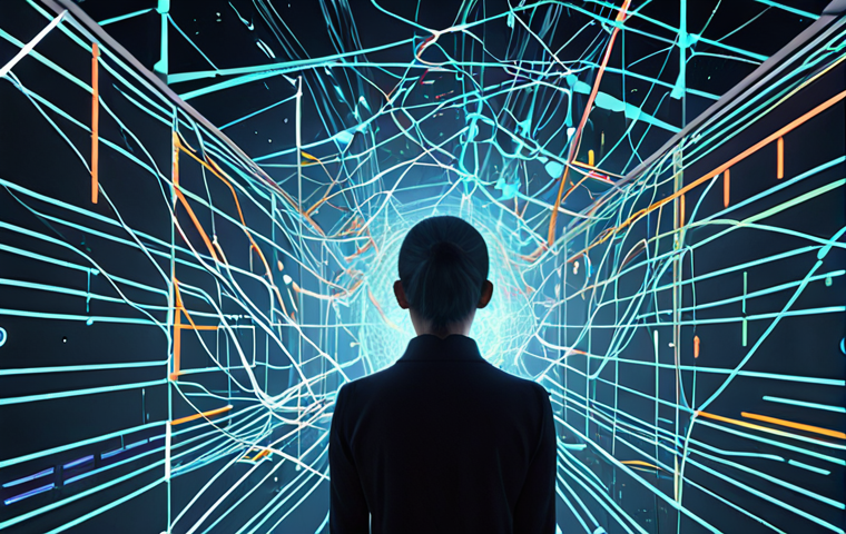 **Prompt 1:** A person, looking initially overwhelmed, surrounded by abstract, chaotic, and dry data points and numbers. On the other side of a subtle divide, the same data transforms into vibrant, interconnected, flowing narratives and clear, insightful projections, subtly enhanced by glowing AI elements. The overall scene depicts a shift from data complexity to meaningful clarity in a modern, professional office setting. Digital art, high detail, volumetric lighting, conceptual, transformation.