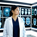 A professional Malaysian female AI specialist in a modest lab coat, standing in a brightly lit modern AI research laboratory. She is observing a large digital screen displaying various augmented medical images, such as X-rays or MRI scans, with AI diagnostic overlays. The scene emphasizes innovation and precision in healthcare technology. She has perfect anatomy, correct proportions, and a natural pose. The image should be safe for work, appropriate content, fully clothed, professional, high-quality photograph, realistic rendering, well-formed hands, proper finger count, natural body proportions.
