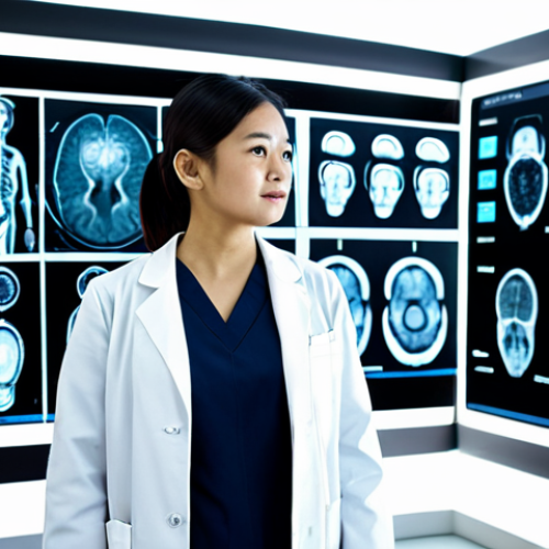 A professional Malaysian female AI specialist in a modest lab coat, standing in a brightly lit modern AI research laboratory. She is observing a large digital screen displaying various augmented medical images, such as X-rays or MRI scans, with AI diagnostic overlays. The scene emphasizes innovation and precision in healthcare technology. She has perfect anatomy, correct proportions, and a natural pose. The image should be safe for work, appropriate content, fully clothed, professional, high-quality photograph, realistic rendering, well-formed hands, proper finger count, natural body proportions.