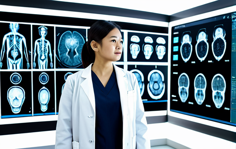 A professional Malaysian female AI specialist in a modest lab coat, standing in a brightly lit modern AI research laboratory. She is observing a large digital screen displaying various augmented medical images, such as X-rays or MRI scans, with AI diagnostic overlays. The scene emphasizes innovation and precision in healthcare technology. She has perfect anatomy, correct proportions, and a natural pose. The image should be safe for work, appropriate content, fully clothed, professional, high-quality photograph, realistic rendering, well-formed hands, proper finger count, natural body proportions.