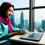 Modern Malaysian Office**

"A young Malay businesswoman in a modest, stylish baju kurung, working on a laptop in a bright, modern office in Kuala Lumpur, Malaysia. Large windows overlook the Petronas Twin Towers. The atmosphere is professional and collaborative.  Safe for work, fully clothed, appropriate attire, perfect anatomy, natural lighting, high resolution."

**