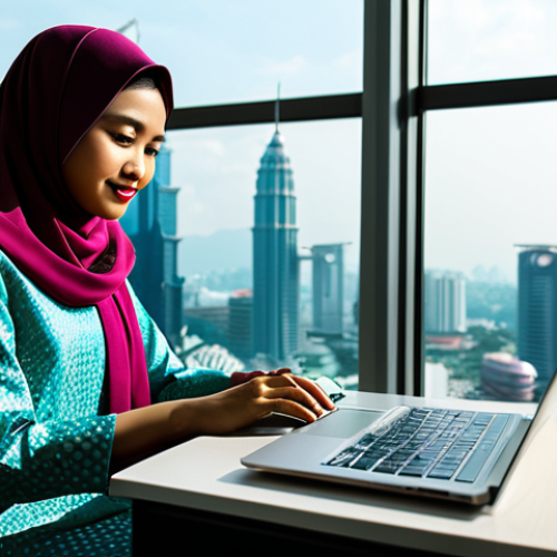 Modern Malaysian Office**

"A young Malay businesswoman in a modest, stylish baju kurung, working on a laptop in a bright, modern office in Kuala Lumpur, Malaysia. Large windows overlook the Petronas Twin Towers. The atmosphere is professional and collaborative.  Safe for work, fully clothed, appropriate attire, perfect anatomy, natural lighting, high resolution."

**