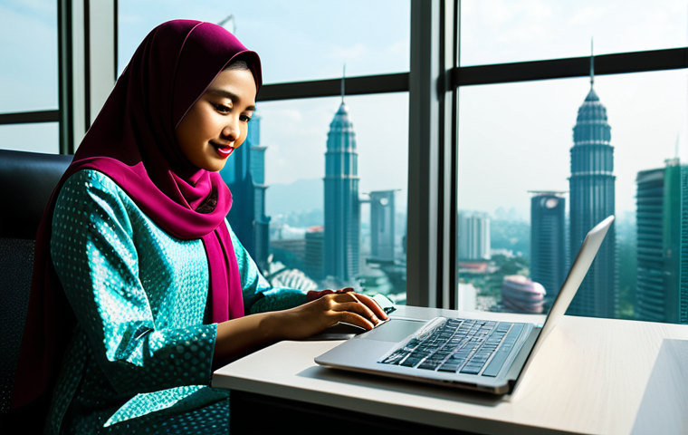 Modern Malaysian Office**

"A young Malay businesswoman in a modest, stylish baju kurung, working on a laptop in a bright, modern office in Kuala Lumpur, Malaysia. Large windows overlook the Petronas Twin Towers. The atmosphere is professional and collaborative.  Safe for work, fully clothed, appropriate attire, perfect anatomy, natural lighting, high resolution."

**